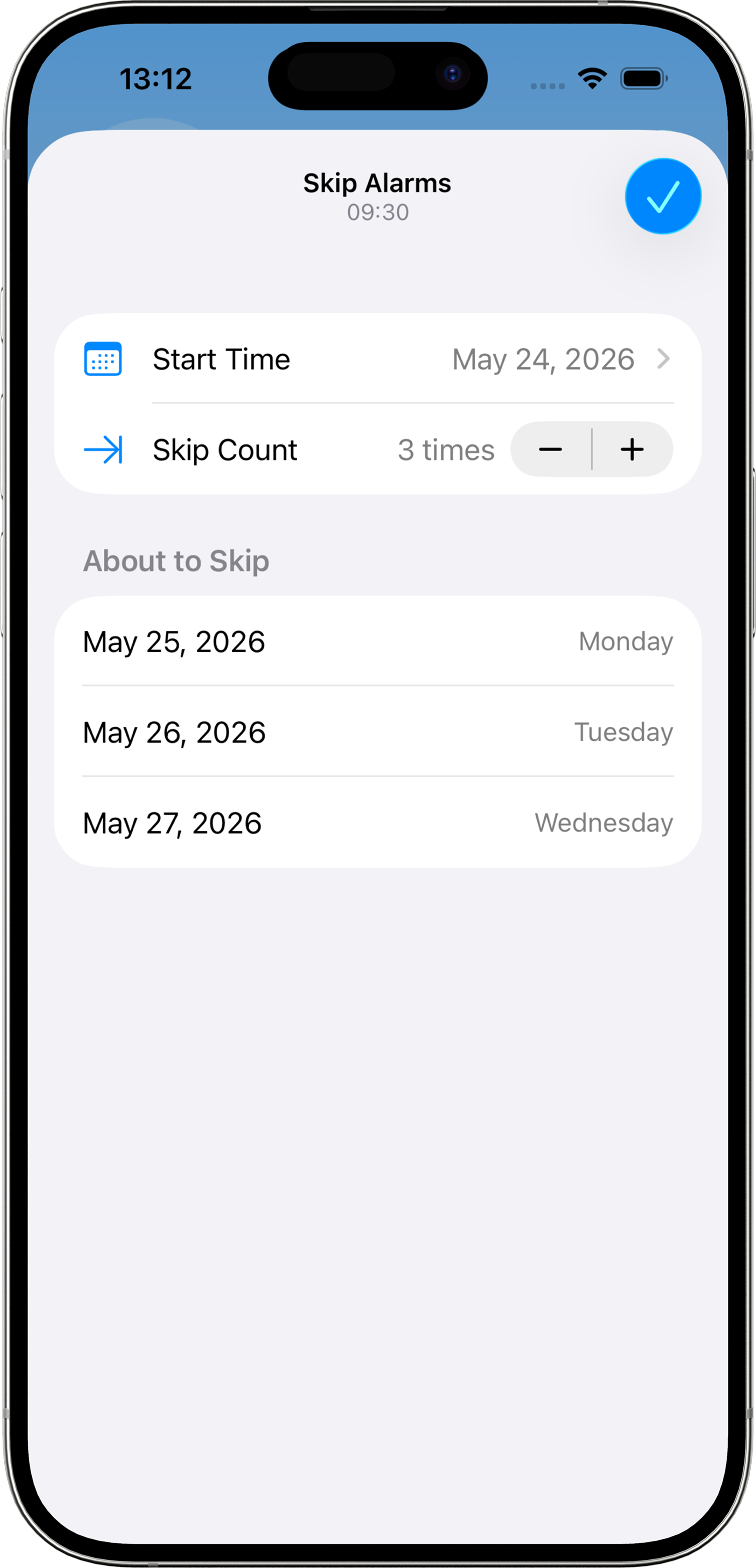 Alarm Pro alarm skip controls