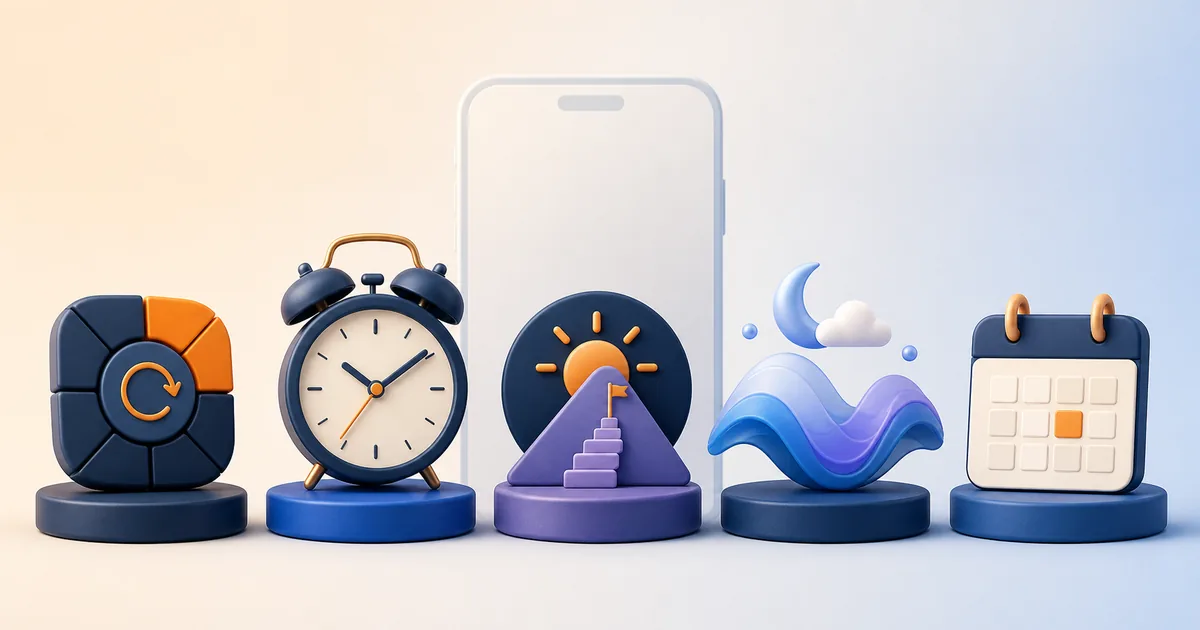 Five neutral alarm feature objects representing schedules, clocks, wake-up tasks, sleep, and calendars