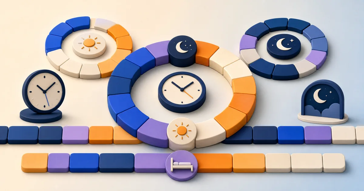 Repeating colored shift cycles with day, night, rest, and alarm symbols