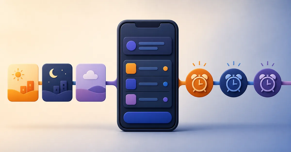 Day, night, and off-day schedule tiles connected to different alarm clocks