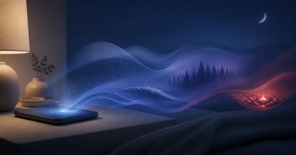 Blue and purple sound waves blending rain, ocean, forest, and campfire scenes beside a phone at night